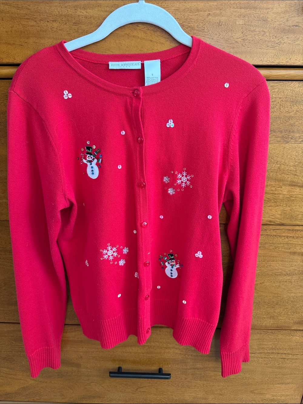 Petite Sophisticate Red Snowman Embellished Crewneck Cardigan